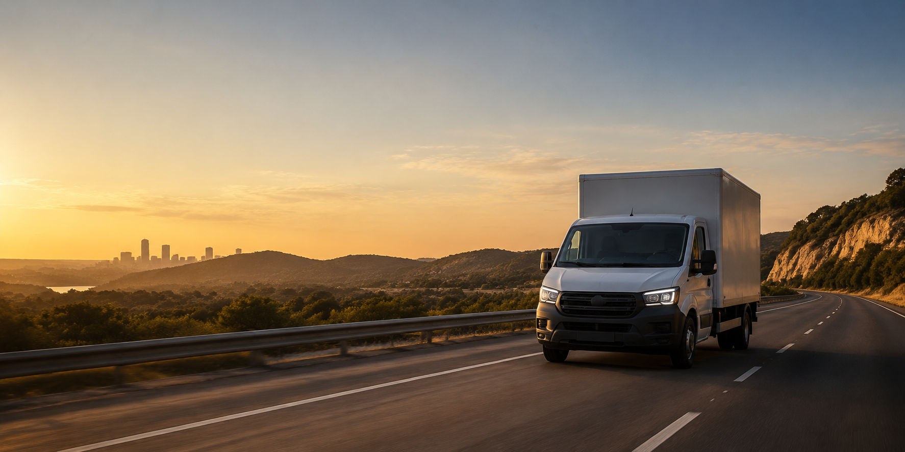 Box truck traveling through the Texas Hill Country near Austin