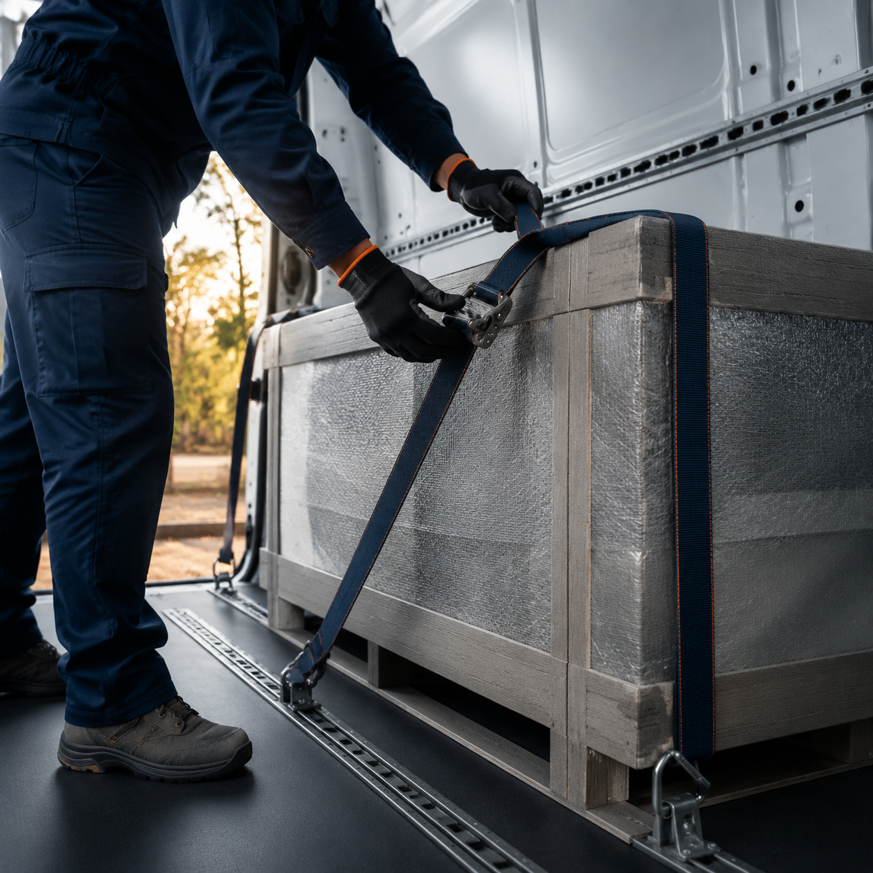 Professional hauler securing a specialty parcel inside a cargo van